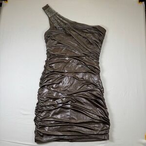 VTG City‎ Triangles Dress Bronze Metallic Ruched Rhinestone One Shoulder Large